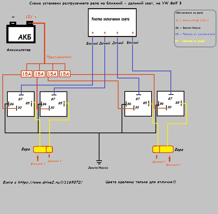 Схема включения фар гольф 2