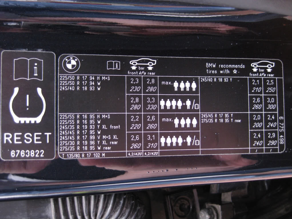 Давление бмв. BMW f30 табличка с давлением шин. Давление в шинах BMW f10. Tyre Pressure loss e60. Reset 6763822.