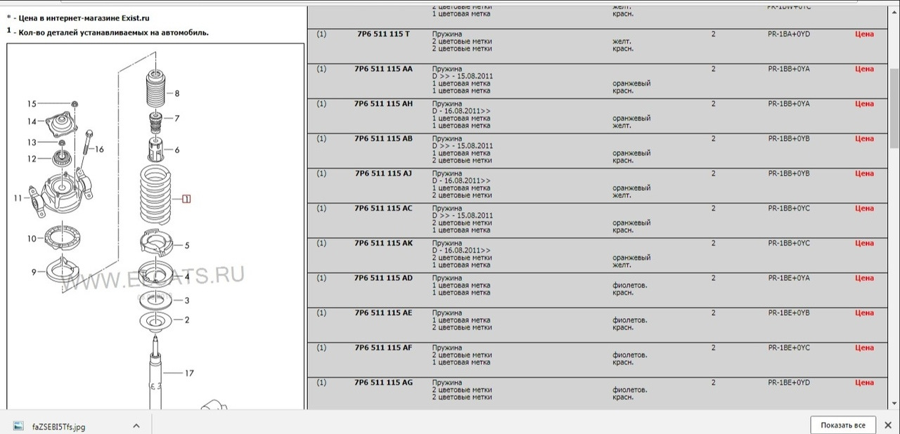 Маркировка пружин по цвету фольксваген