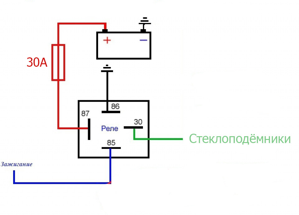 Схема подключения стеклоподъемников через 4 реле