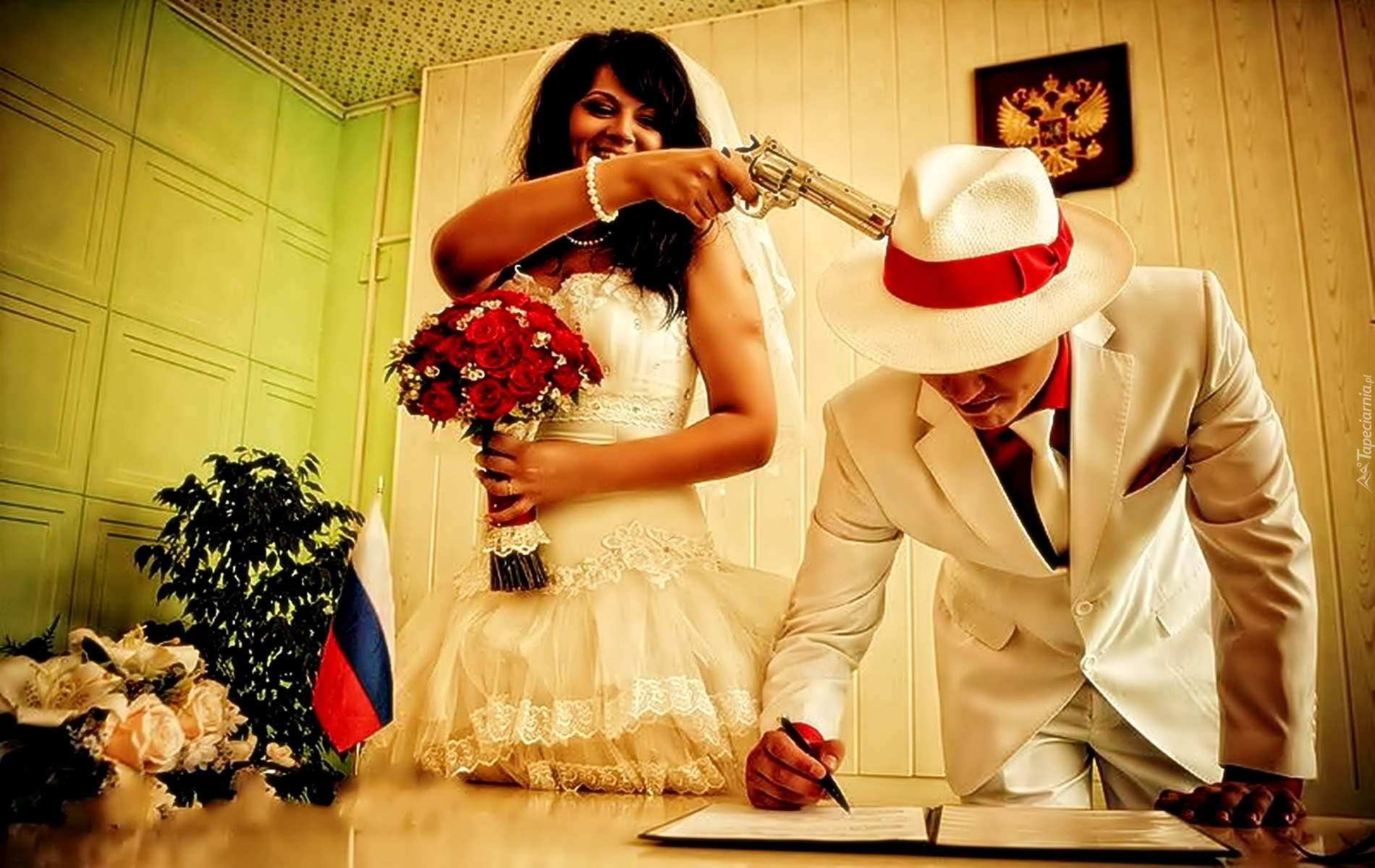 Жених согласен. Свадьба под дулом пистолета. Мужчина и женщина свадьба. Парень и девушка свадьба. Фотосессия невесты в ЗАГСЕ.